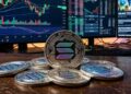 Monedas de Solana con gráficos de mercado mixtos en el fondo.
