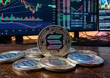 Monedas de Solana con gráficos de mercado mixtos en el fondo.