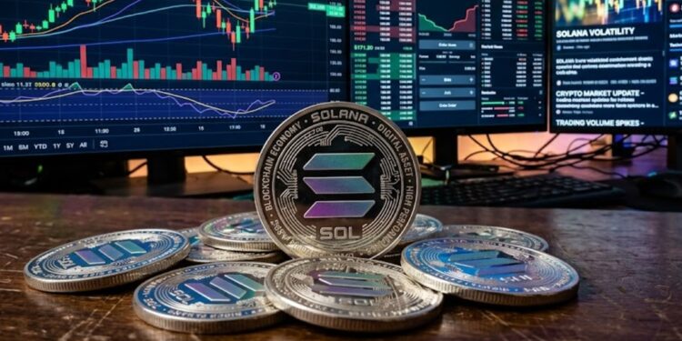 Monedas de Solana con gráficos de mercado mixtos en el fondo.
