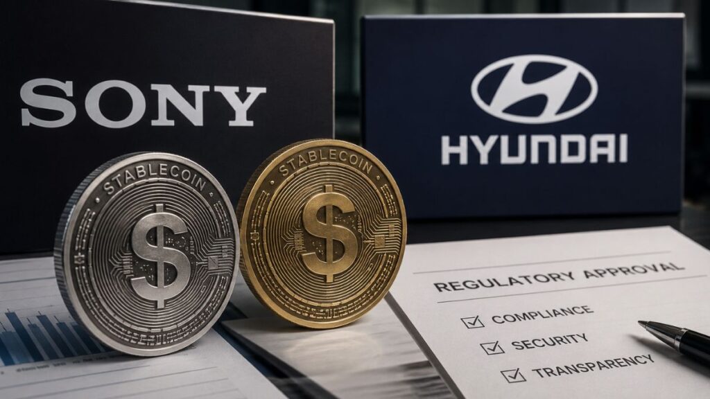 Logos de Sony y Hyundai junto a monedas físicas de stablecoins.