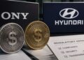 Logos de Sony y Hyundai junto a monedas físicas de stablecoins.