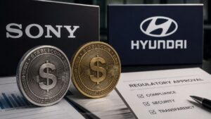Logos de Sony y Hyundai junto a monedas físicas de stablecoins.