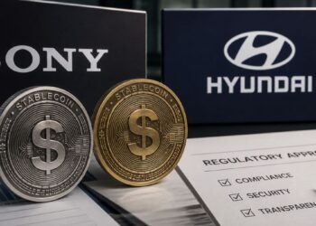 Logos de Sony y Hyundai junto a monedas físicas de stablecoins.