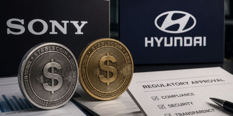 Logos de Sony y Hyundai junto a monedas físicas de stablecoins.