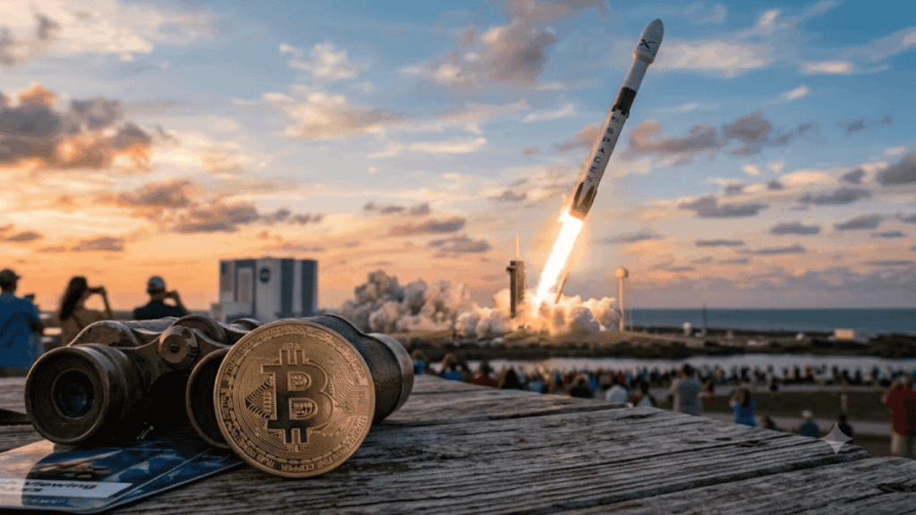 Moneda de bitcoin y cohete despegando con el logo de SpaceX.