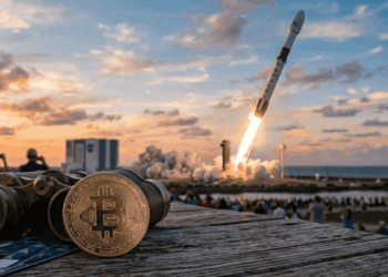 Moneda de bitcoin y cohete despegando con el logo de SpaceX.