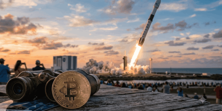 Moneda de bitcoin y cohete despegando con el logo de SpaceX.