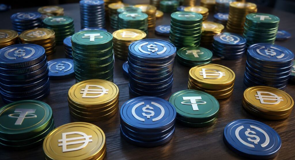 Monedas físicas de USDT, USDC y DAI sobre una mesa.