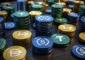 Monedas físicas de USDT, USDC y DAI sobre una mesa.