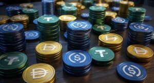 Monedas físicas de USDT, USDC y DAI sobre una mesa.