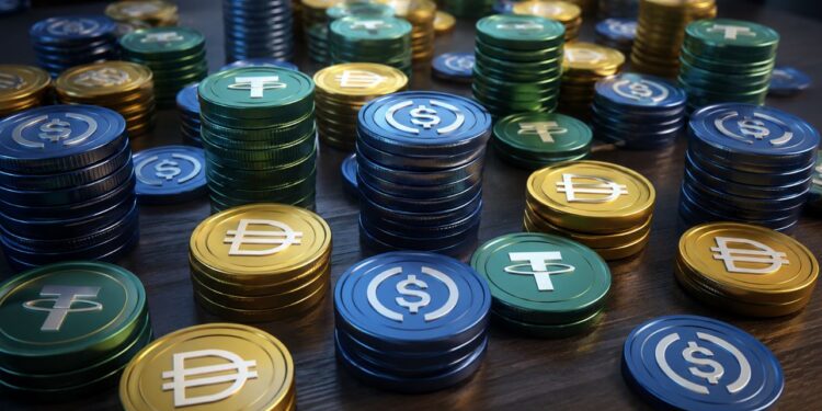 Monedas físicas de USDT, USDC y DAI sobre una mesa.