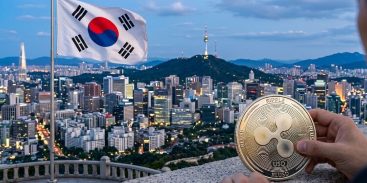 Una moneda metálica de Ripple USD (RLUSD) en primer plano con el horizonte urbano de Seúl y la bandera de Corea del Sur de fondo.