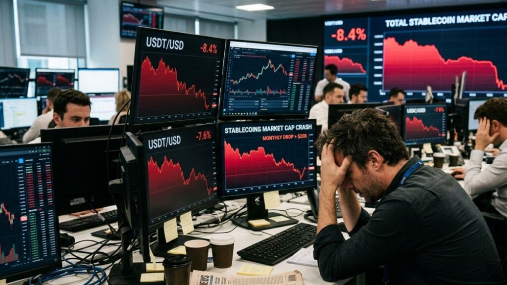 Inversionista preocupado en una oficina ante monitores que muestran gráficos en rojo con caídas en el mercado de stablecoins como USDT.