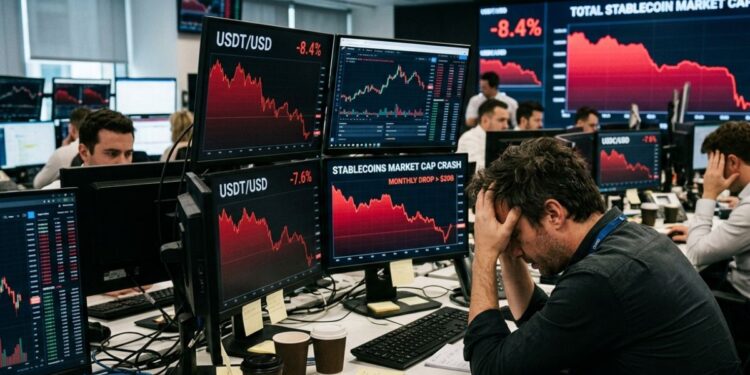 Inversionista preocupado en una oficina ante monitores que muestran gráficos en rojo con caídas en el mercado de stablecoins como USDT.