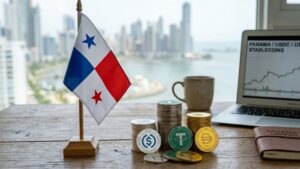 Stablecoins en una mesa junto a la bandera de Panamá.