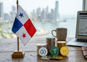 Stablecoins en una mesa junto a la bandera de Panamá.