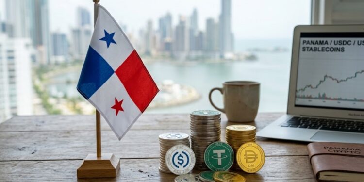 Stablecoins en una mesa junto a la bandera de Panamá.