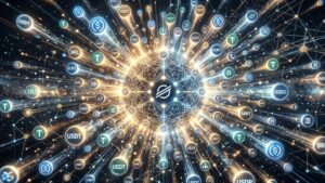 Visualización de red explosiva centrada en el logo de Stellar y rodeada por tokens de criptomonedas como USDT, USDC.