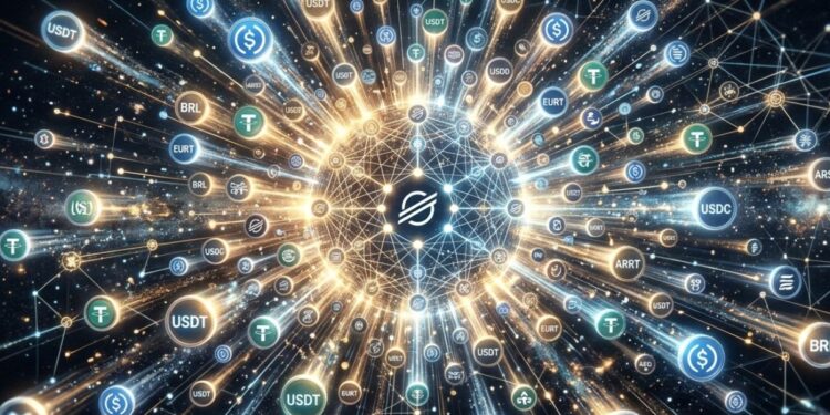 Visualización de red explosiva centrada en el logo de Stellar y rodeada por tokens de criptomonedas como USDT, USDC.