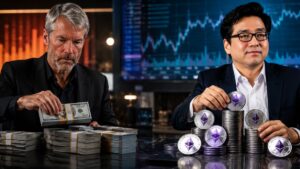 Michael Saylor y Tom Lee en un entorno de trading de criptomonedas, uno contando fajos de dólares estadounidenses y el otro apilando monedas físicas de Ethereum (ETH).