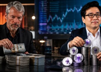 Michael Saylor y Tom Lee en un entorno de trading de criptomonedas, uno contando fajos de dólares estadounidenses y el otro apilando monedas físicas de Ethereum (ETH).