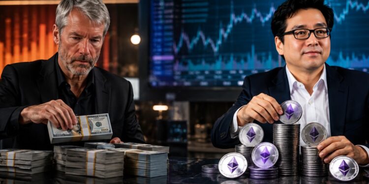 Michael Saylor y Tom Lee en un entorno de trading de criptomonedas, uno contando fajos de dólares estadounidenses y el otro apilando monedas físicas de Ethereum (ETH).
