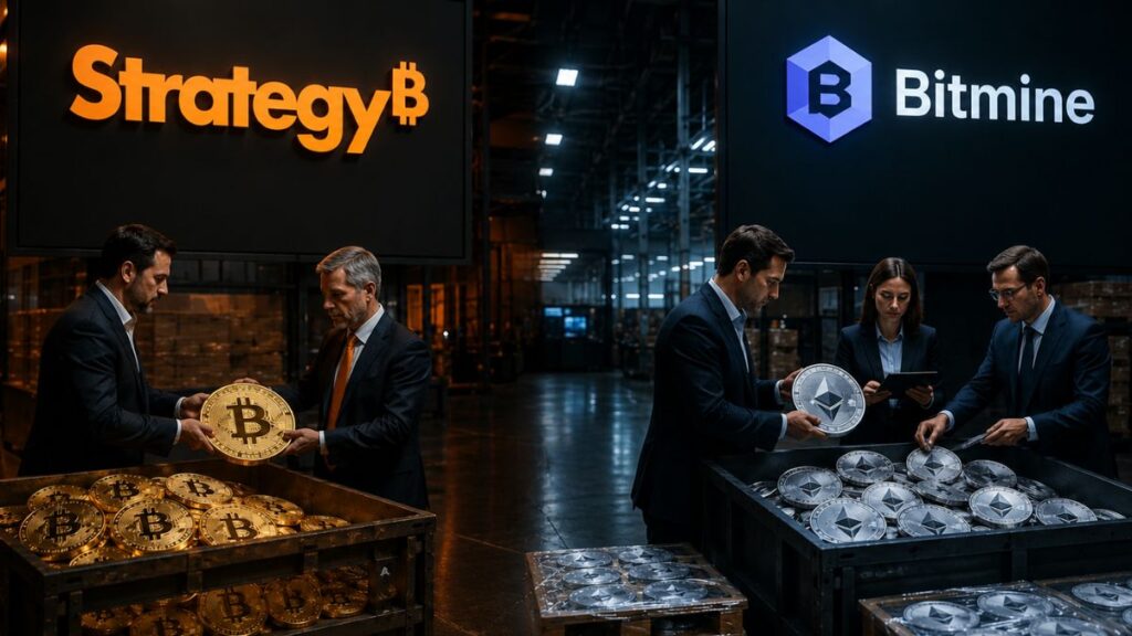 Hombres de negocios manejando grandes contenedores de monedas físicas de Bitcoin y Ethereum bajo pantallas de las empresas Strategy y Bitmine.
