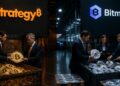 Hombres de negocios manejando grandes contenedores de monedas físicas de Bitcoin y Ethereum bajo pantallas de las empresas Strategy y Bitmine.