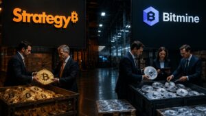 Hombres de negocios manejando grandes contenedores de monedas físicas de Bitcoin y Ethereum bajo pantallas de las empresas Strategy y Bitmine.