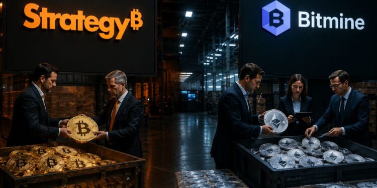 Hombres de negocios manejando grandes contenedores de monedas físicas de Bitcoin y Ethereum bajo pantallas de las empresas Strategy y Bitmine.