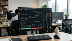 Monitor de computadora en donde se ve la plataforma Binance y la acción STRC en la ventana de trading.