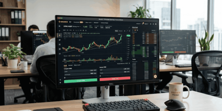 Monitor de computadora en donde se ve la plataforma Binance y la acción STRC en la ventana de trading.
