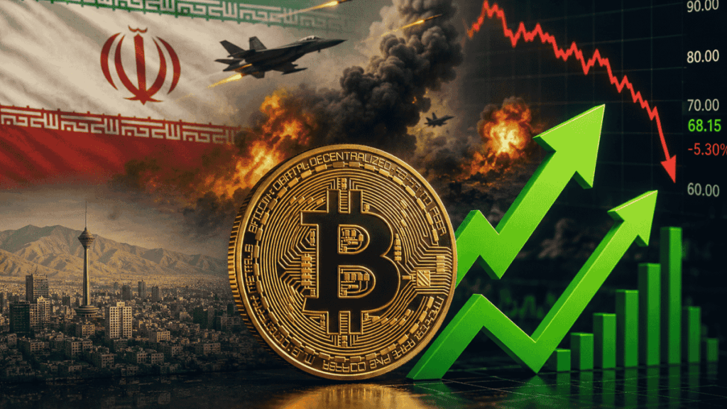 Moneda física de bitcoin, bandera de irán, imágenes de ataques aéreos y gráfico de precio de petróleo cayendo.