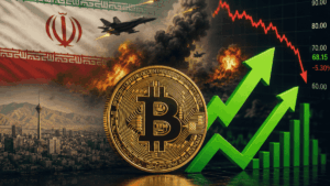 Moneda física de bitcoin, bandera de irán, imágenes de ataques aéreos y gráfico de precio de petróleo cayendo.