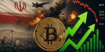 Moneda física de bitcoin, bandera de irán, imágenes de ataques aéreos y gráfico de precio de petróleo cayendo.