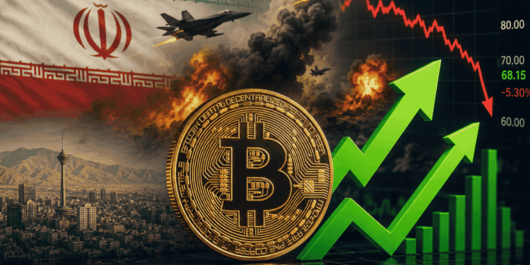 Moneda física de bitcoin, bandera de irán, imágenes de ataques aéreos y gráfico de precio de petróleo cayendo.