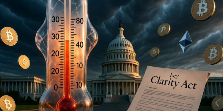 Termómetro a punto de estallar con el congreso de EE. UU. en el fondo, un documento que dice Ley Clarity y criptomonedas alrededor.