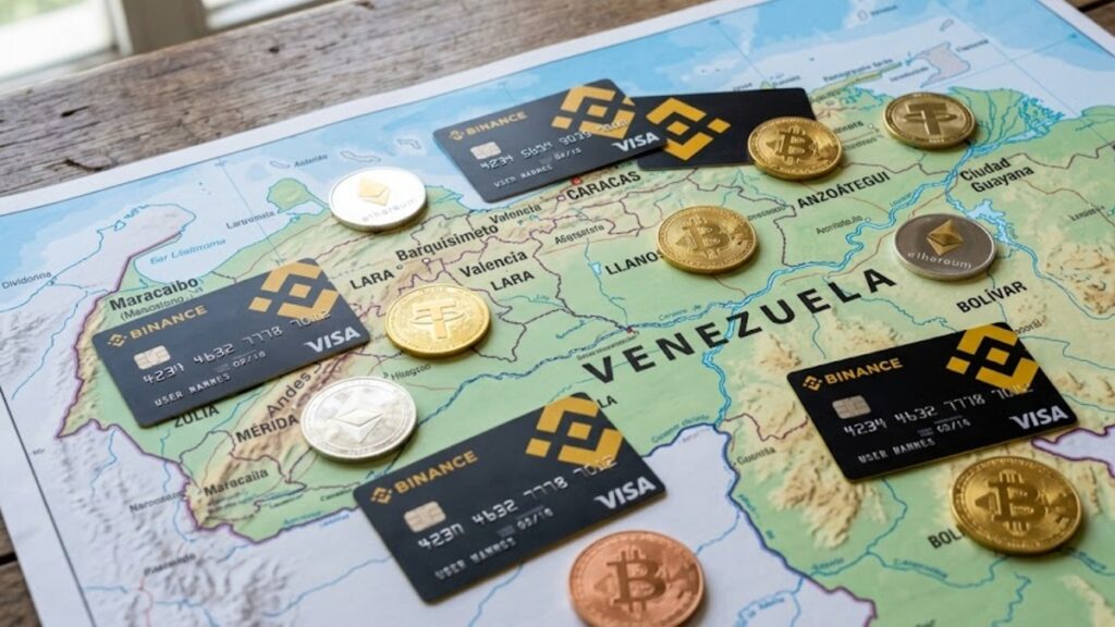 Tarjetas con el logo de Binance y criptomonedas esparcidas sobre el mapa de Venezuela.