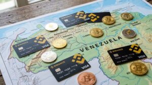 Tarjetas con el logo de Binance y criptomonedas esparcidas sobre el mapa de Venezuela.