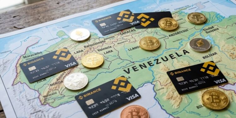 Tarjetas con el logo de Binance y criptomonedas esparcidas sobre el mapa de Venezuela.