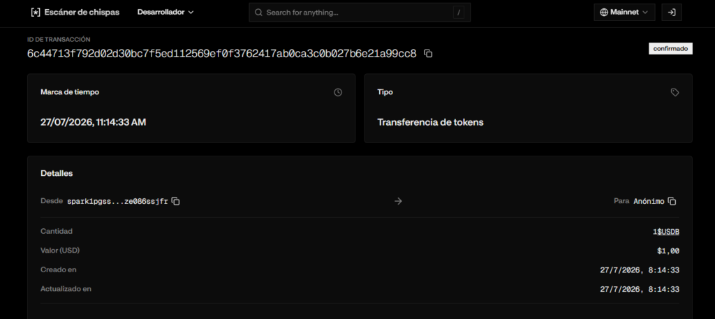 Datos de una transferencia de la stablecoin USDB en al red Spark.
