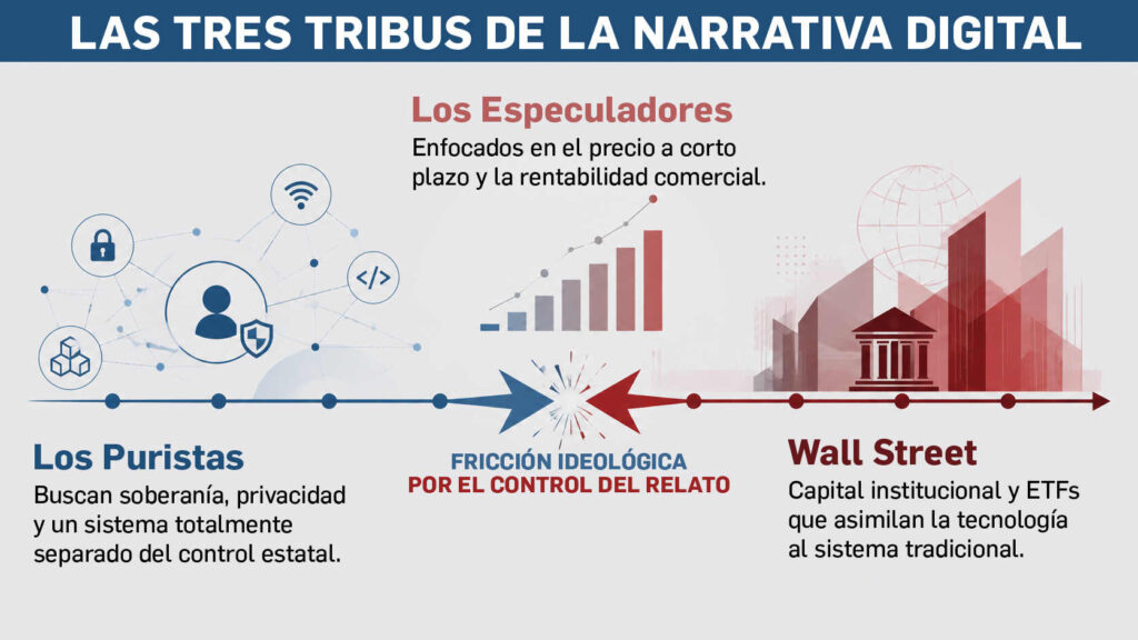 Infografía periodística lineal sobre un fondo gris claro que divide el ecosistema de Bitcoin en tres facciones. A la izquierda, la sección de "Los Puristas" con íconos de privacidad y nodos tecnológicos; en el centro, "Los Especuladores" representados por un gráfico financiero de barras; a la derecha, "Wall Street" con formas corporativas abstractas. En el centro del gráfico, unas flechas contrapuestas que chocan entre sí llevan la etiqueta "Fricción ideológica por el control del relato".
