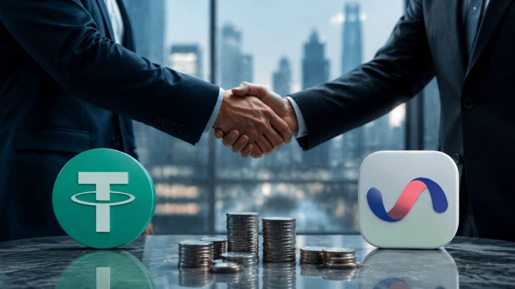 Apretón de manos empresarial con los logos de Tether y Ualá junto a pilas de monedas.