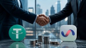 Apretón de manos empresarial con los logos de Tether y Ualá junto a pilas de monedas.