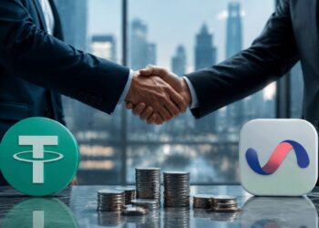 Apretón de manos empresarial con los logos de Tether y Ualá junto a pilas de monedas.