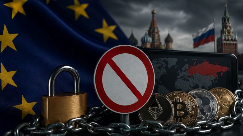 Bandera de la UE y candado junto a criptomonedas y mapa de Rusia con señal de prohibición.