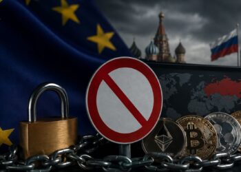 Bandera de la UE y candado junto a criptomonedas y mapa de Rusia con señal de prohibición.