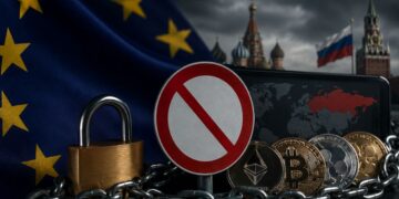 Bandera de la UE y candado junto a criptomonedas y mapa de Rusia con señal de prohibición.