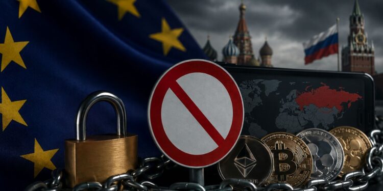 Bandera de la UE y candado junto a criptomonedas y mapa de Rusia con señal de prohibición.