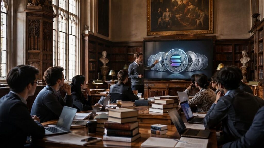 Presentación sobre criptomonedas en un salón con estilo académico.